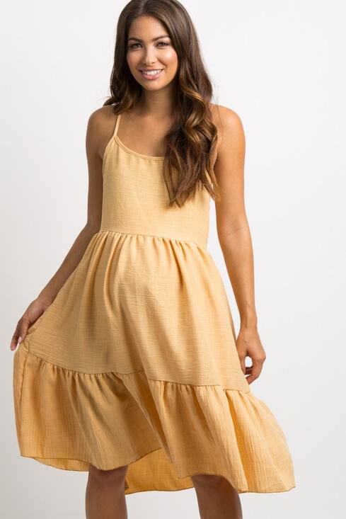 Pinkblush Dresses & Skirts - Pinkblush Maternity Yellow Lace-Up Tie Back Ruffle Dress Linen Size Large